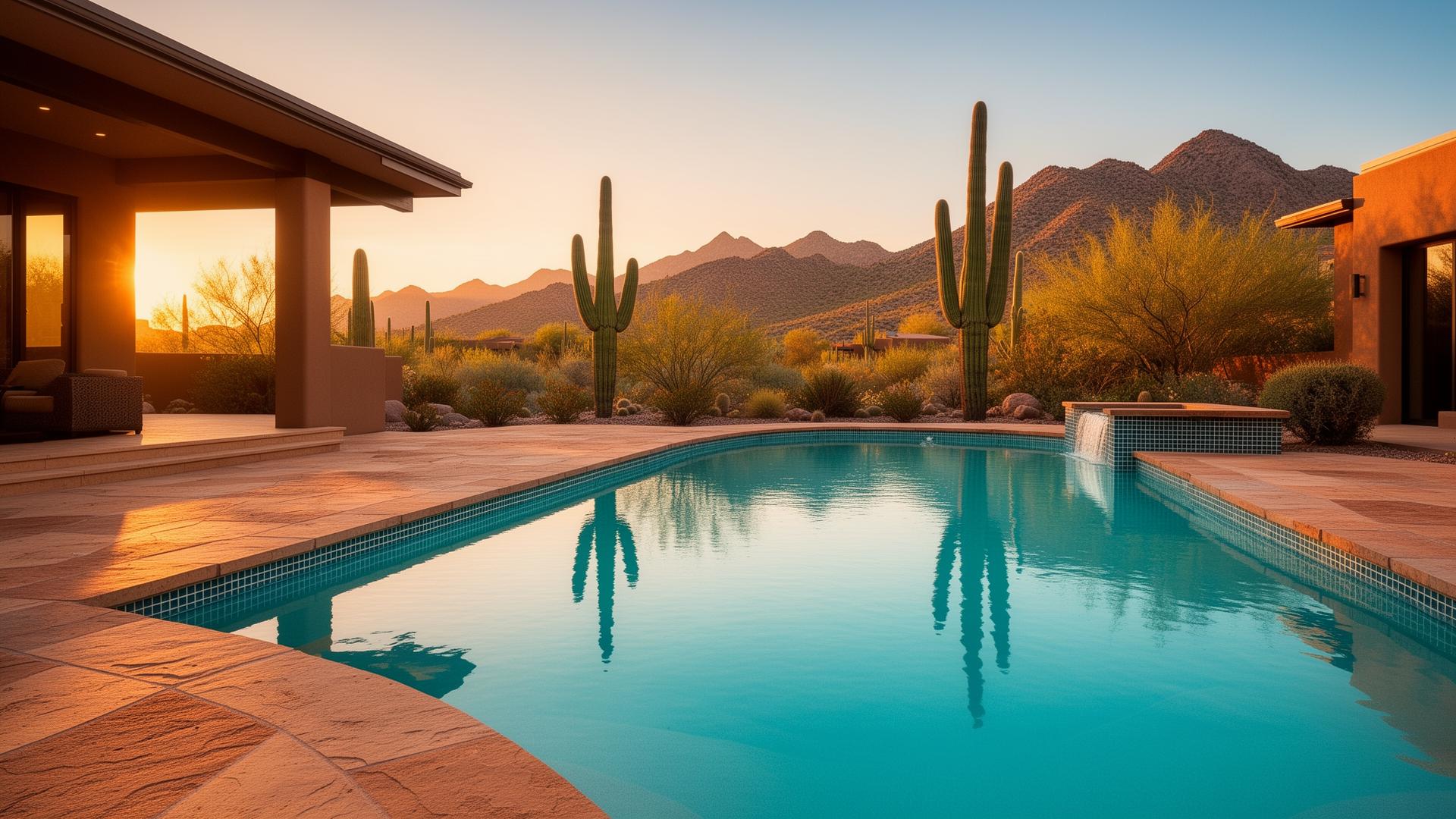 Luxury Tucson backyard pool at golden hour with saguaro cacti and desert mountains