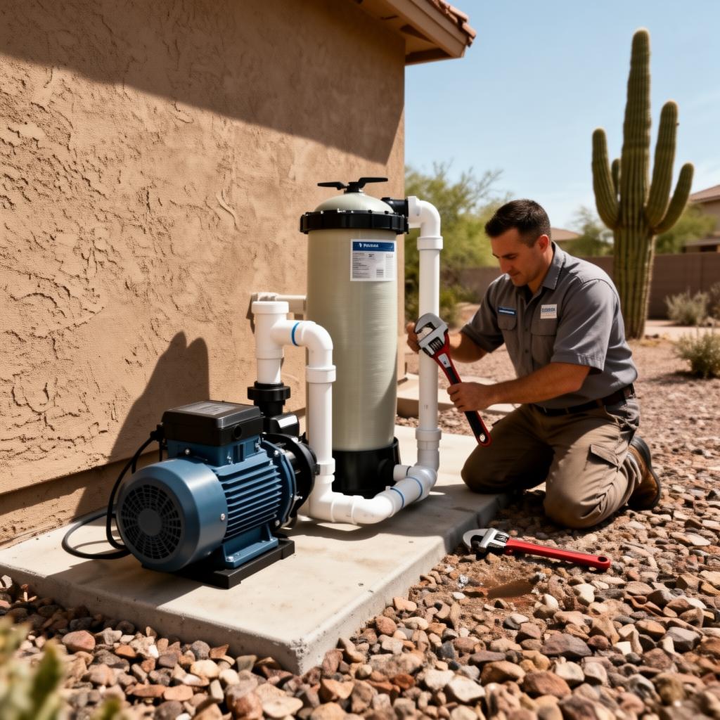 Pool equipment being serviced by a technician