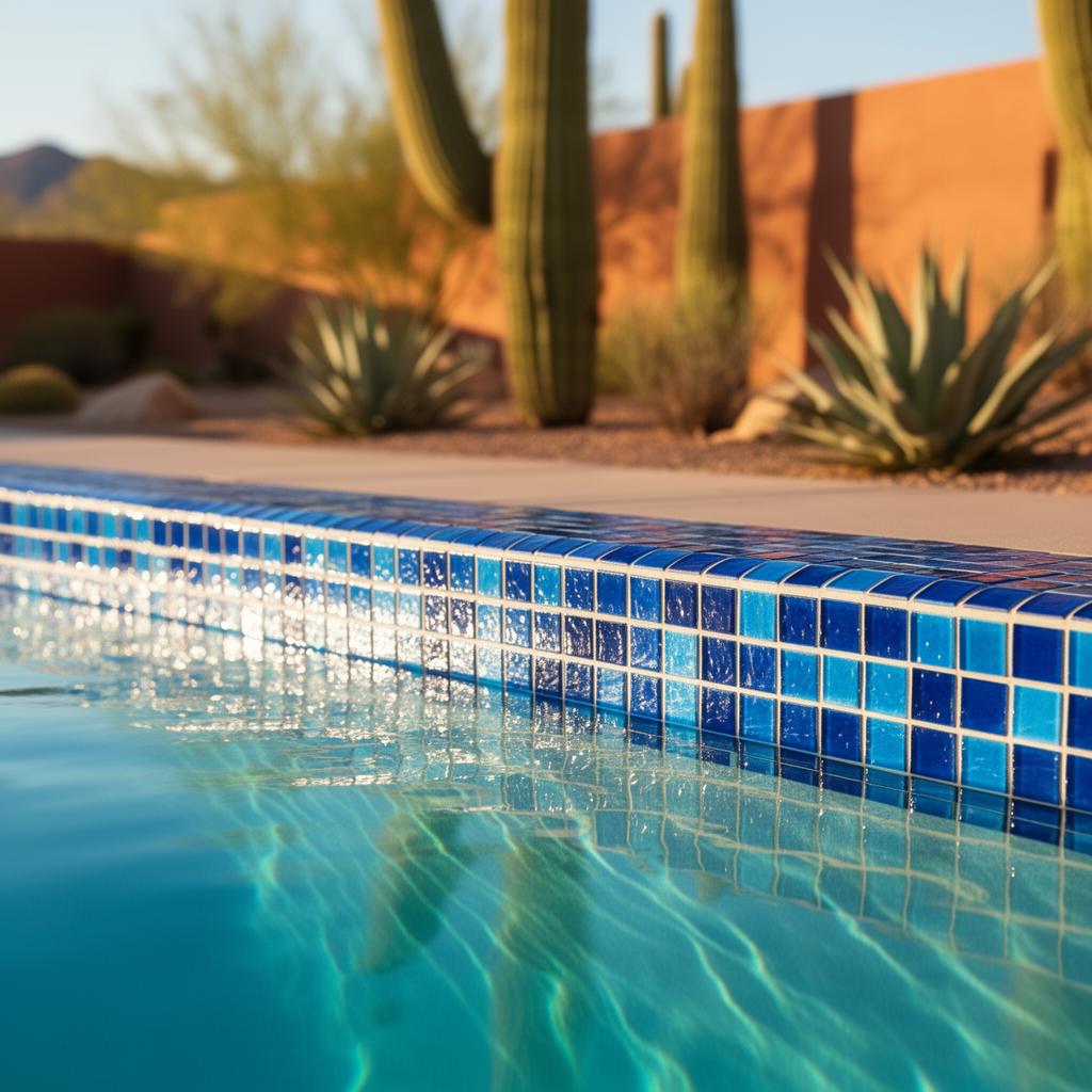 Pristine sparkling clean blue mosaic pool tiles at the waterline